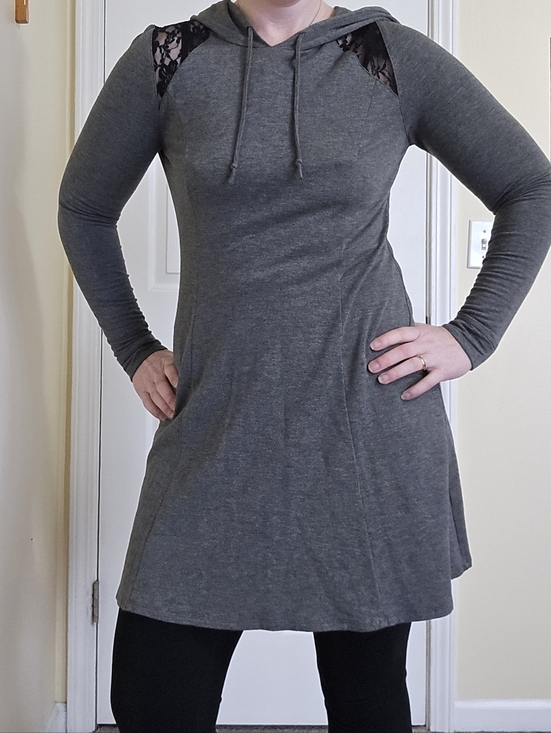 Eric + Lani Dresses & Skirts - Gray Hooded Sweatshirt Dress Tunic with Lace Accents